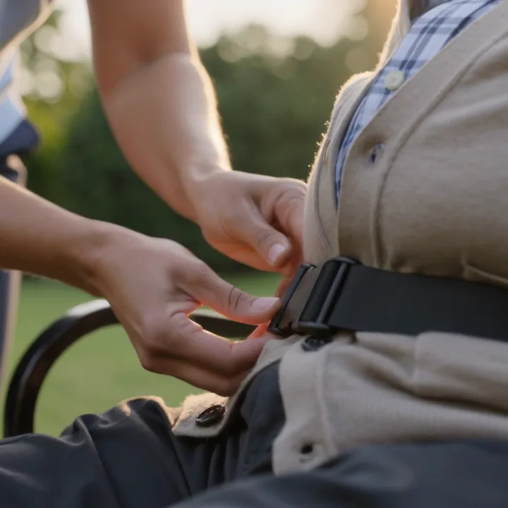 A support worker fastening the belt of a wheelchair outdoors