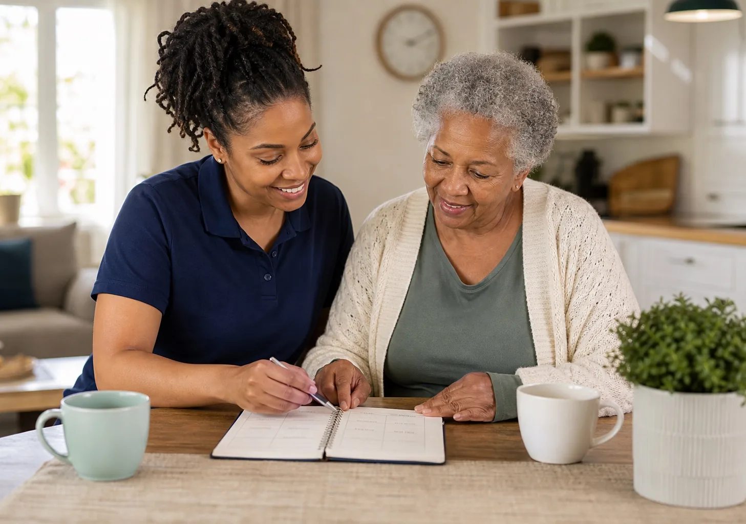 Support person reviewing a daily routine with an older adult at home