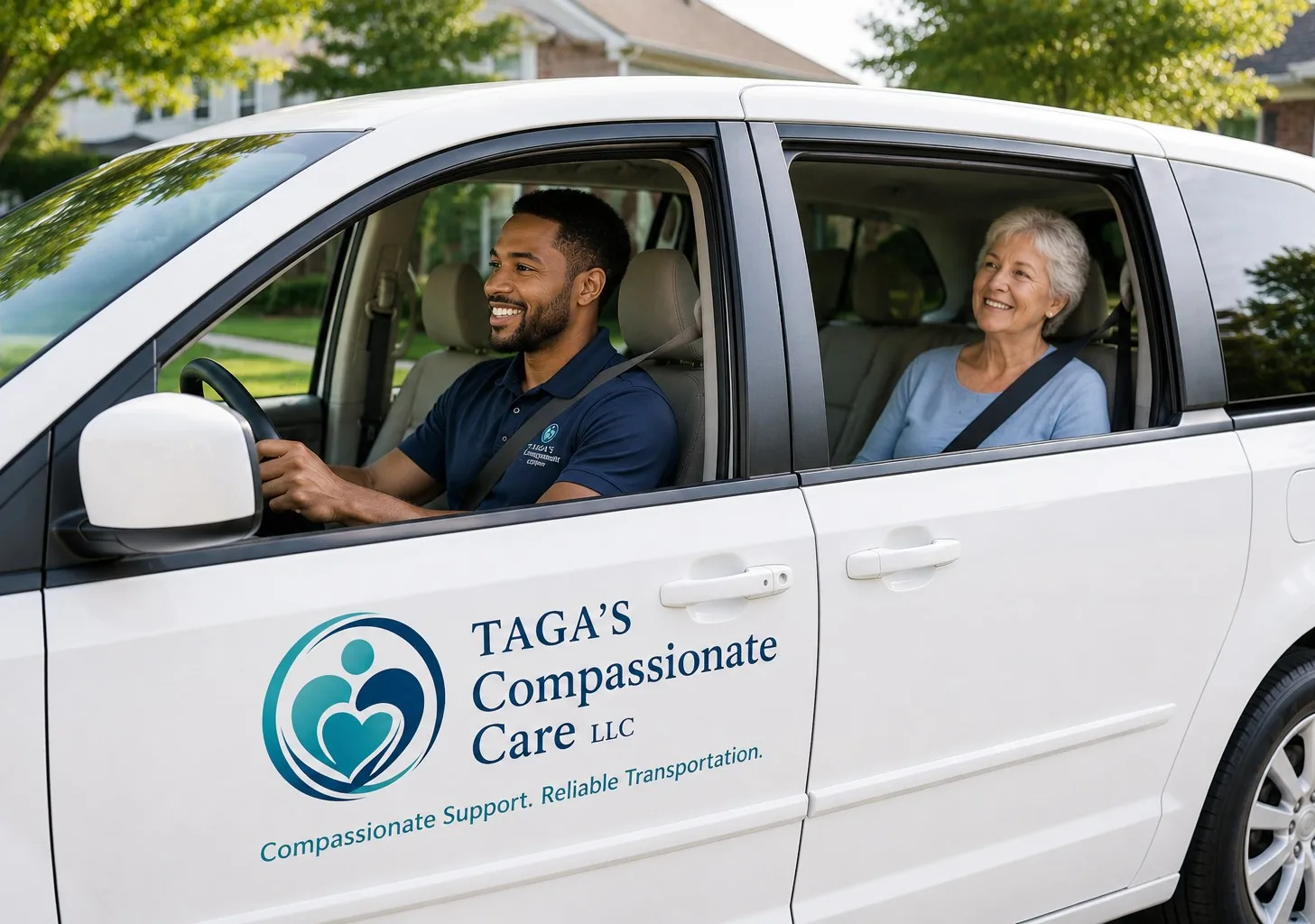 A driver and a passenger in a TAGA’S Compassionate Care minivan